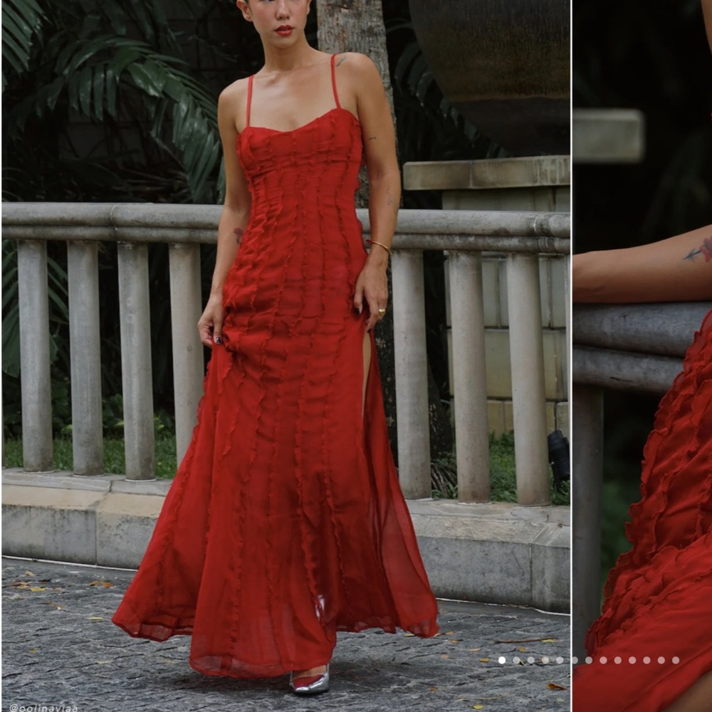 NWT Meshki Jacinta Chiffon Maxi Dress Ruffle Vermillion Red